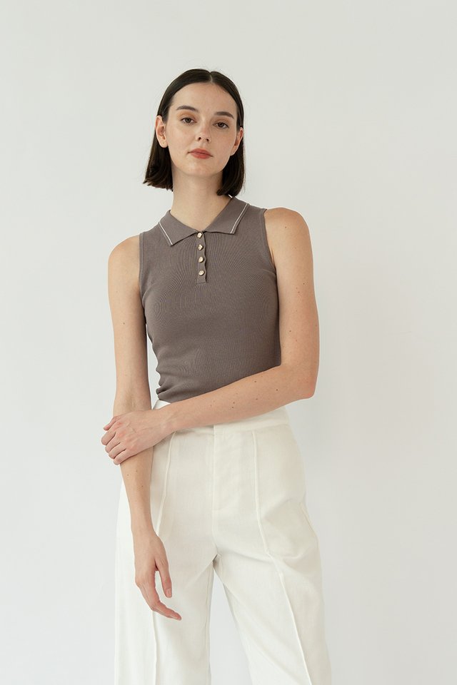 TAYLOR SLEEVELESS KNIT POLO TOP ETOUPE