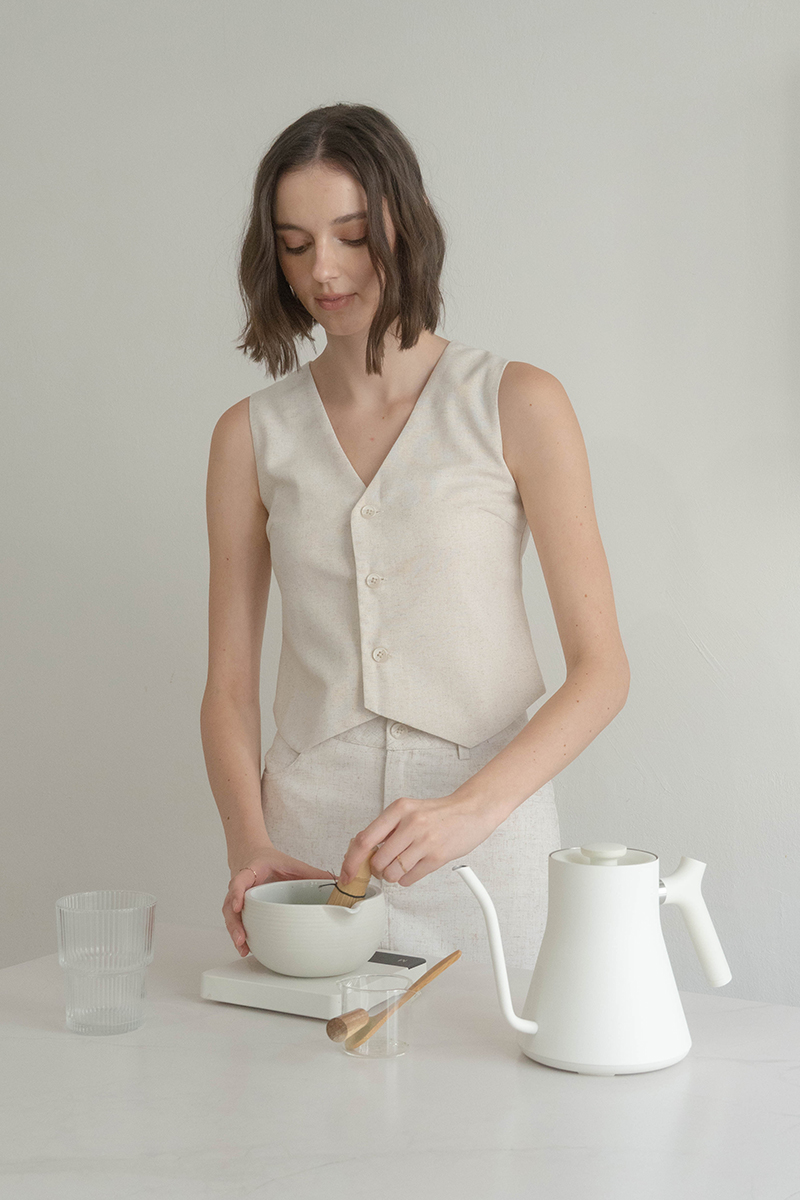 AIKO LINEN VEST TOP SAND | The Willow Label