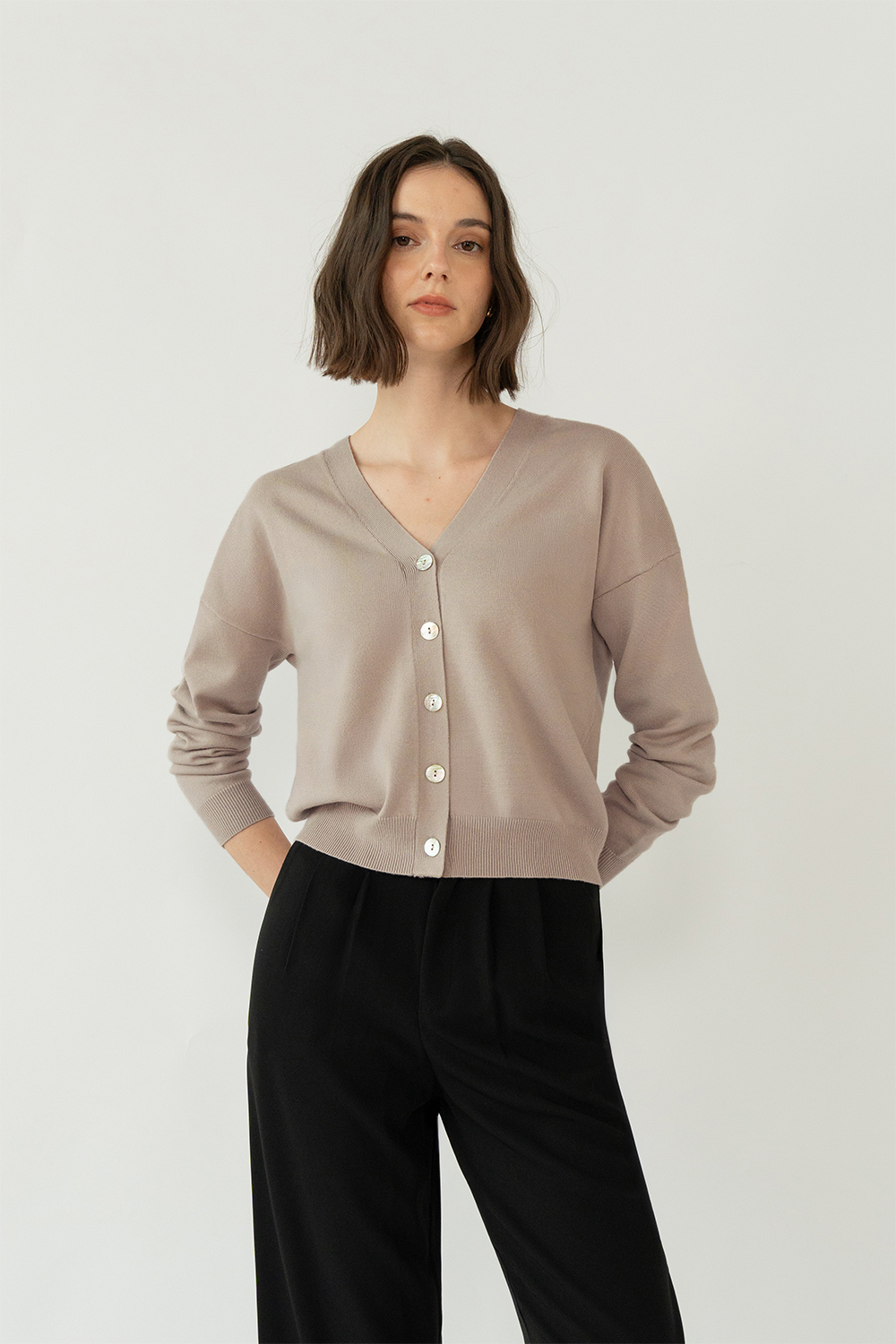 ROSSI BUTTON FRONT KNIT CARDIGAN TOP TAUPE | The Willow Label