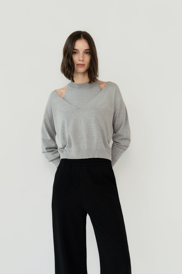 FINE KNIT V-NECK SWEATER GREY MARL