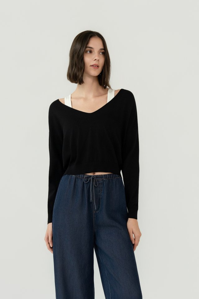 FINE KNIT V-NECK SWEATER BLACK