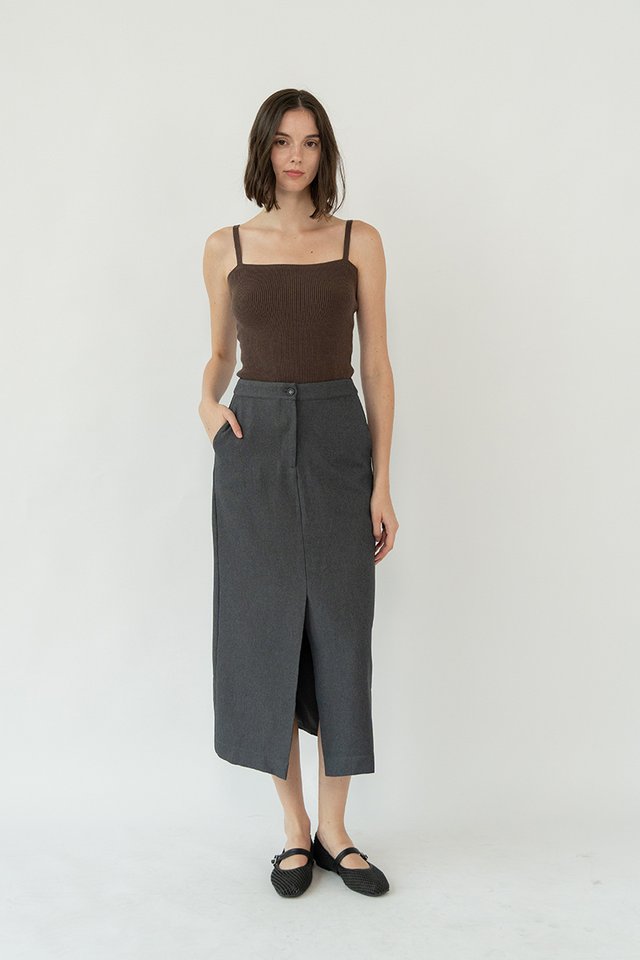 FRONT SLIT MIDI SKIRT DARK GREY