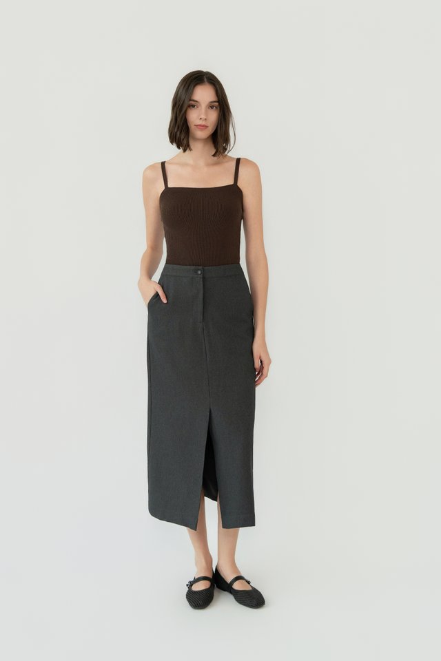 FRONT SLIT MIDI SKIRT DARK GREY