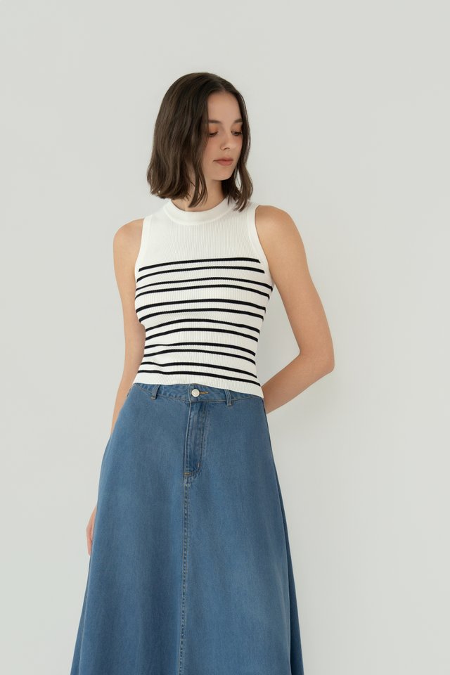 HIGH NECK KNIT TANK WHITE STRIPES