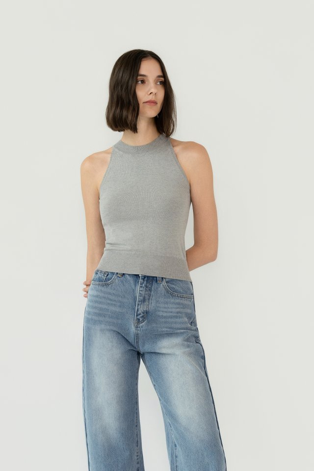 HIGH NECK KNIT TOP GREY MARL