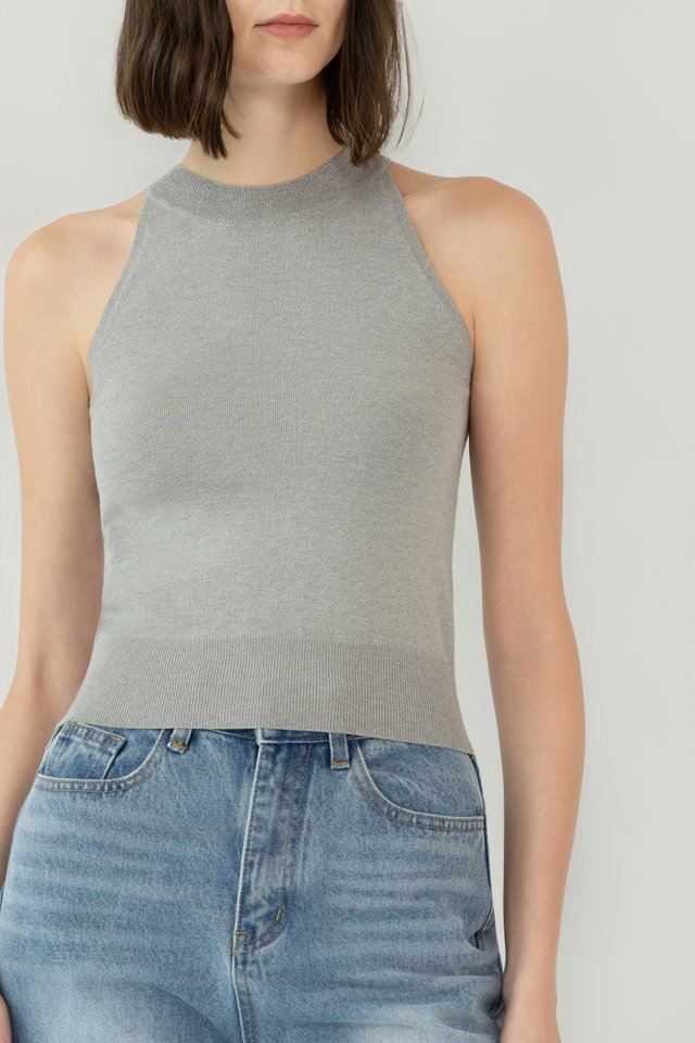 HIGH NECK KNIT TOP GREY MARL