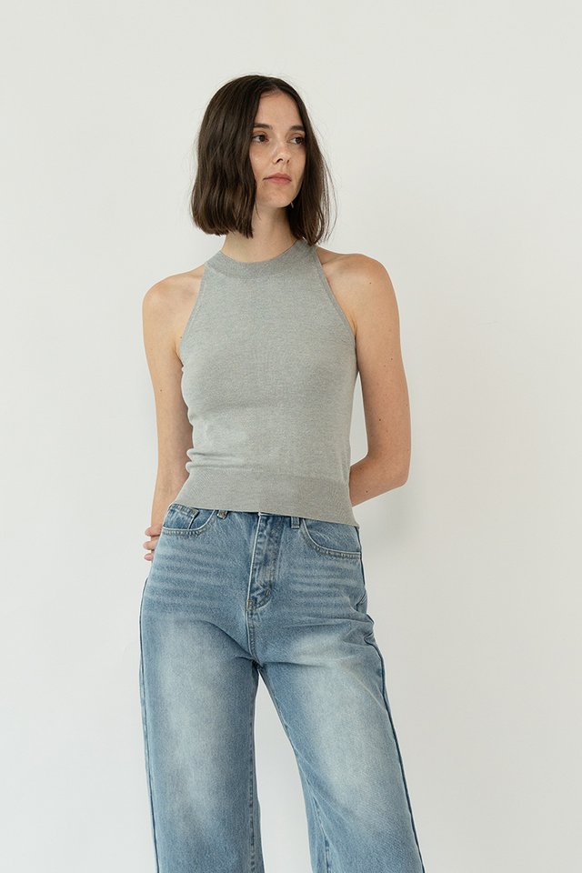 HIGH NECK KNIT TOP GREY MARL