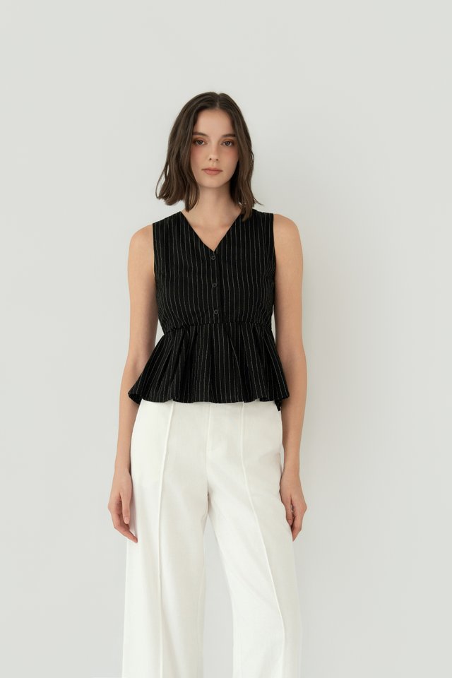 STRIPED LINEN PEPLUM TOP BLACK
