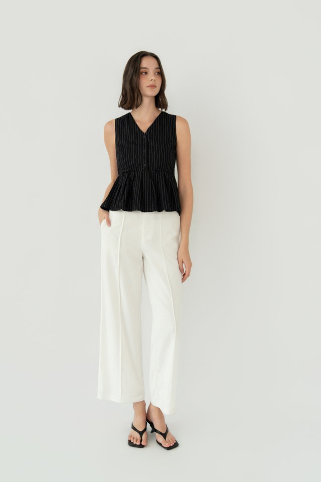 STRIPED LINEN PEPLUM TOP BLACK