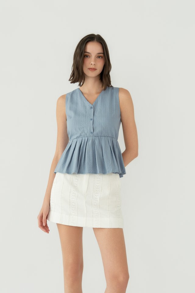 STRIPED LINEN PEPLUM TOP LIGHT BLUE