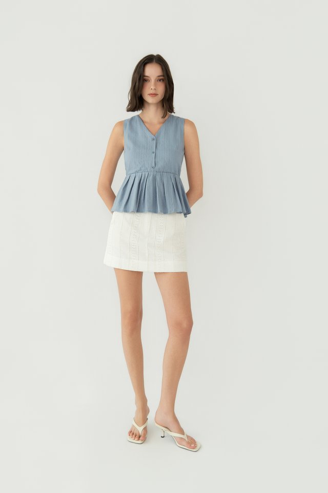STRIPED LINEN PEPLUM TOP LIGHT BLUE