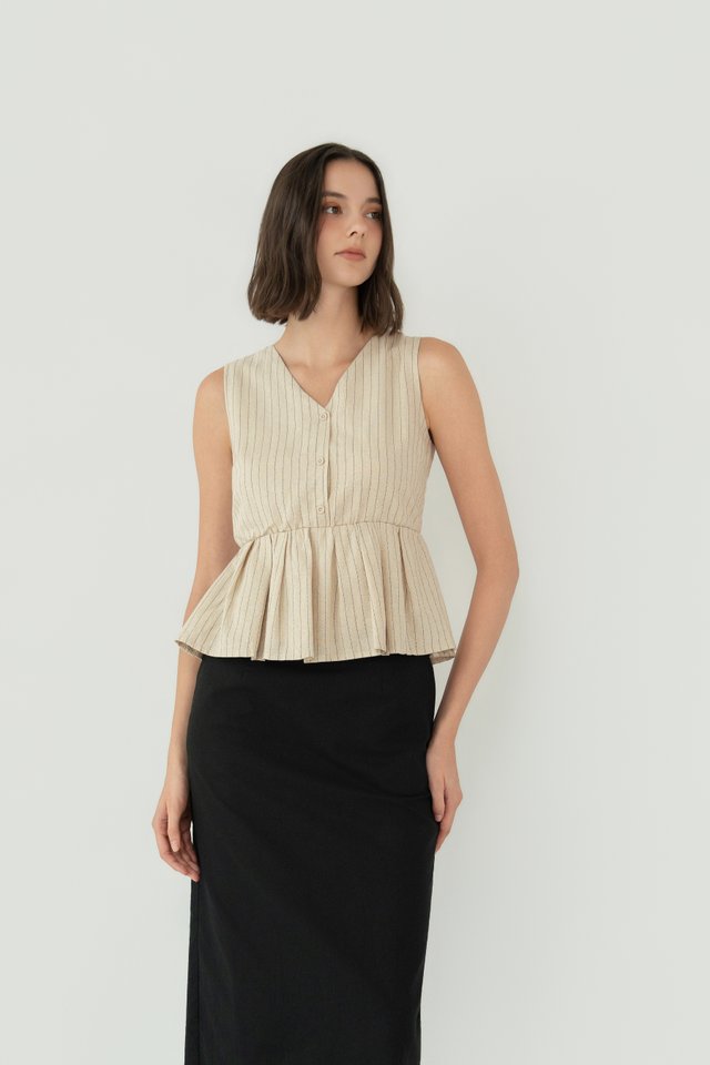 STRIPED LINEN PEPLUM TOP SAND