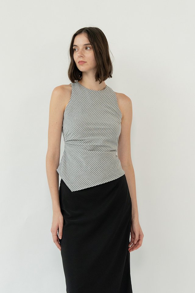 STRIPED RUCHED HIGH NECK TOP BLACK