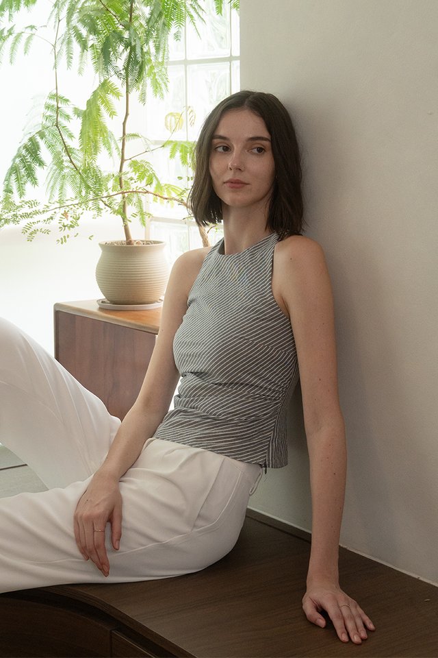 STRIPED RUCHED HIGH NECK TOP BLACK
