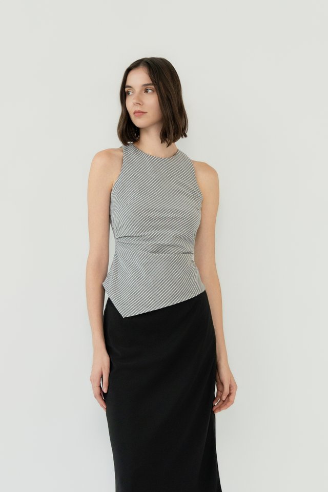 STRIPED RUCHED HIGH NECK TOP BLACK