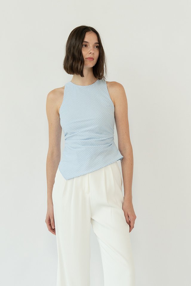 STRIPED RUCHED HIGH NECK TOP LIGHT BLUE