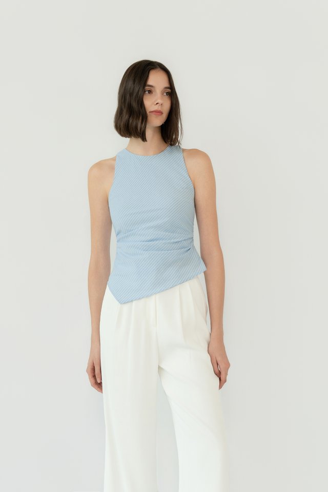 STRIPED RUCHED HIGH NECK TOP LIGHT BLUE