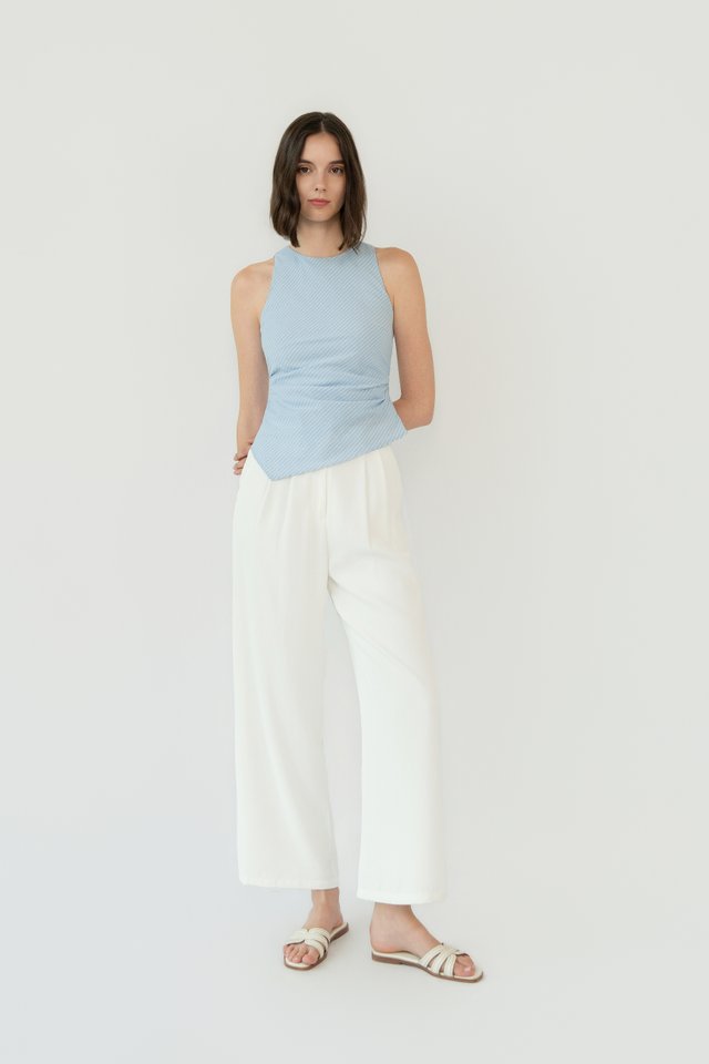 STRIPED RUCHED HIGH NECK TOP LIGHT BLUE