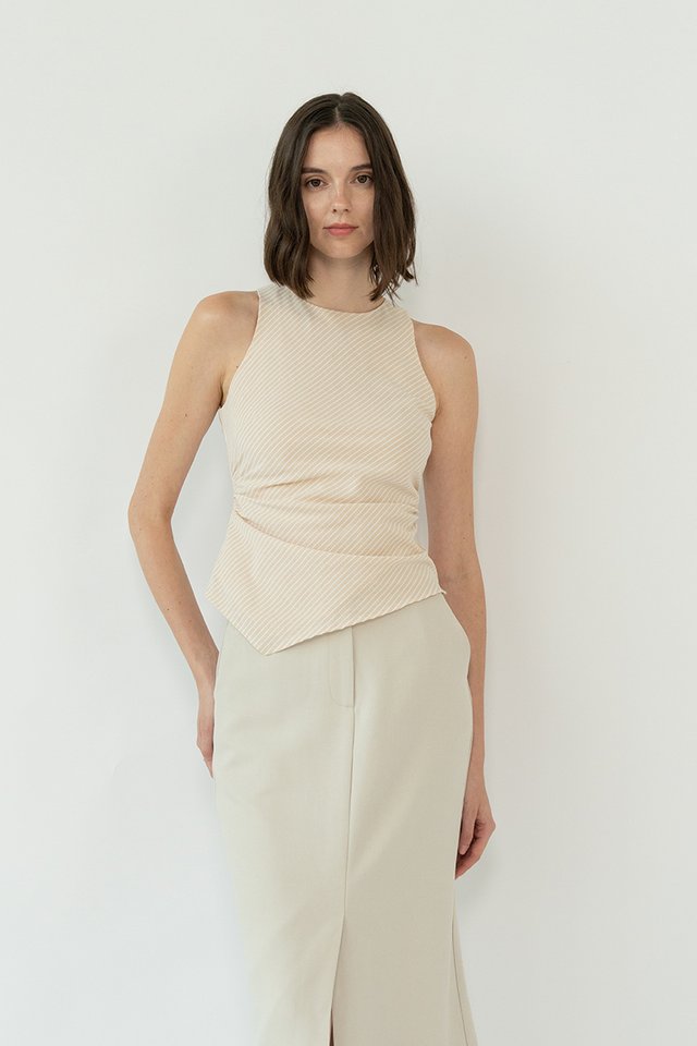 STRIPED RUCHED HIGH NECK TOP NUDE