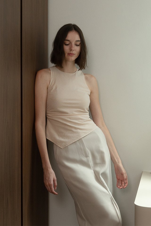 STRIPED RUCHED HIGH NECK TOP NUDE