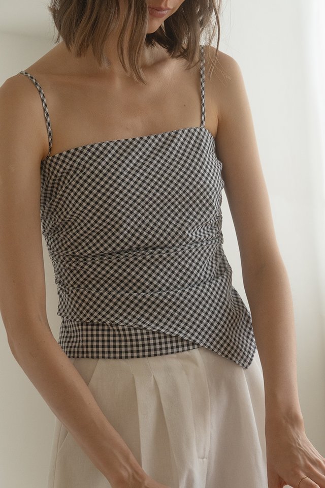 ASYMMETRIC RUCHED TOP BLACK GINGHAM