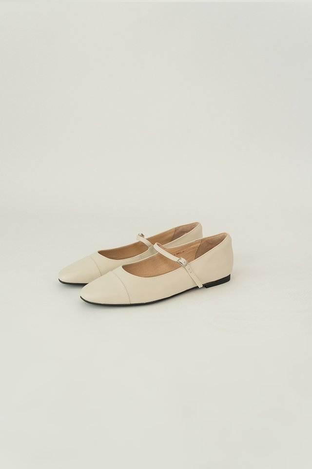 GENUINE LEATHER MARY JANE FLATS CREAM