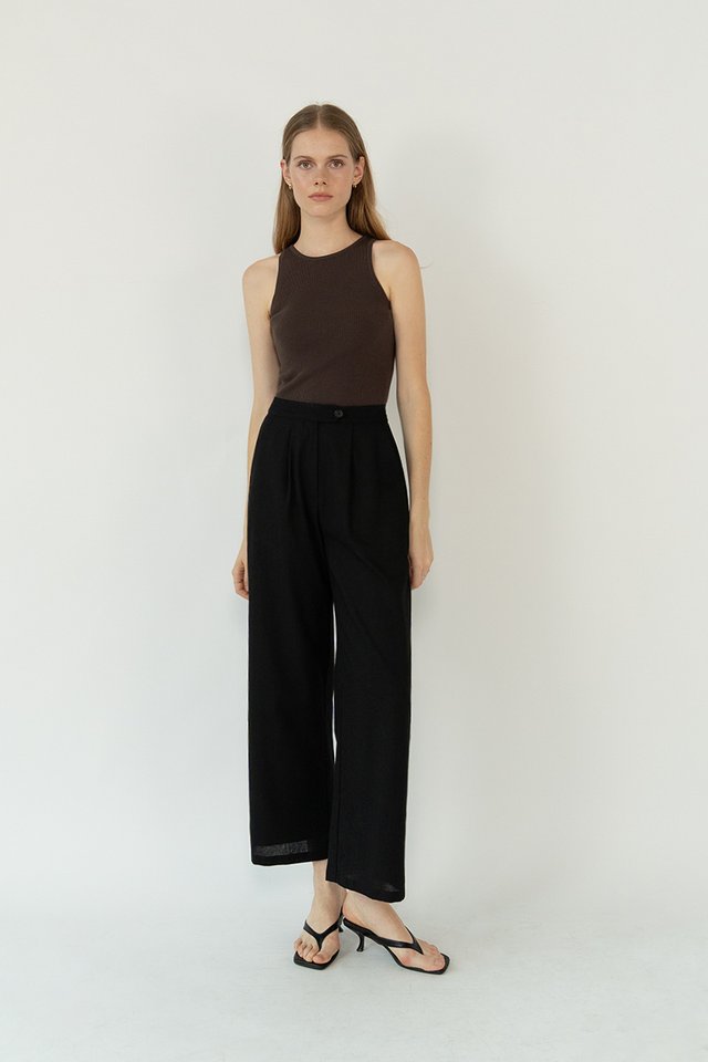 LINEN WAIST TAB TROUSERS BLACK
