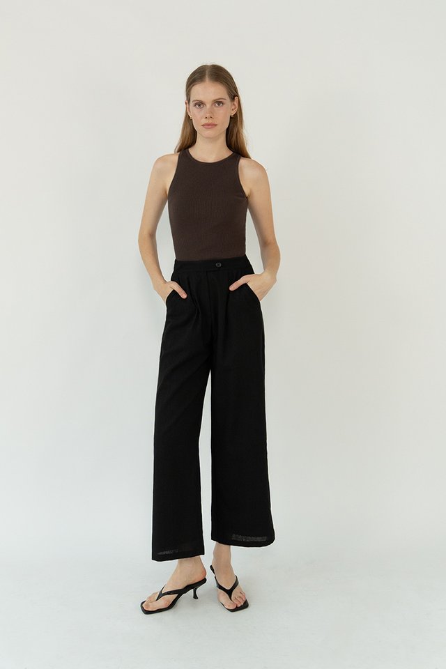 LINEN WAIST TAB TROUSERS BLACK