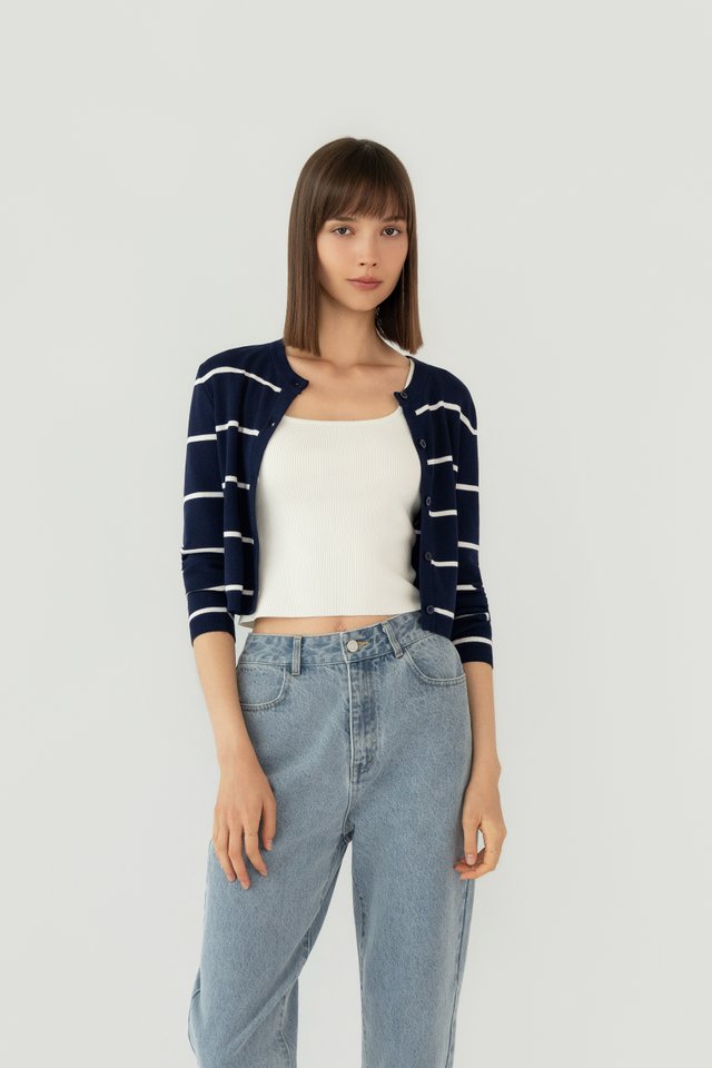 ROUND NECK BUTTON CARDIGAN NAVY STRIPES