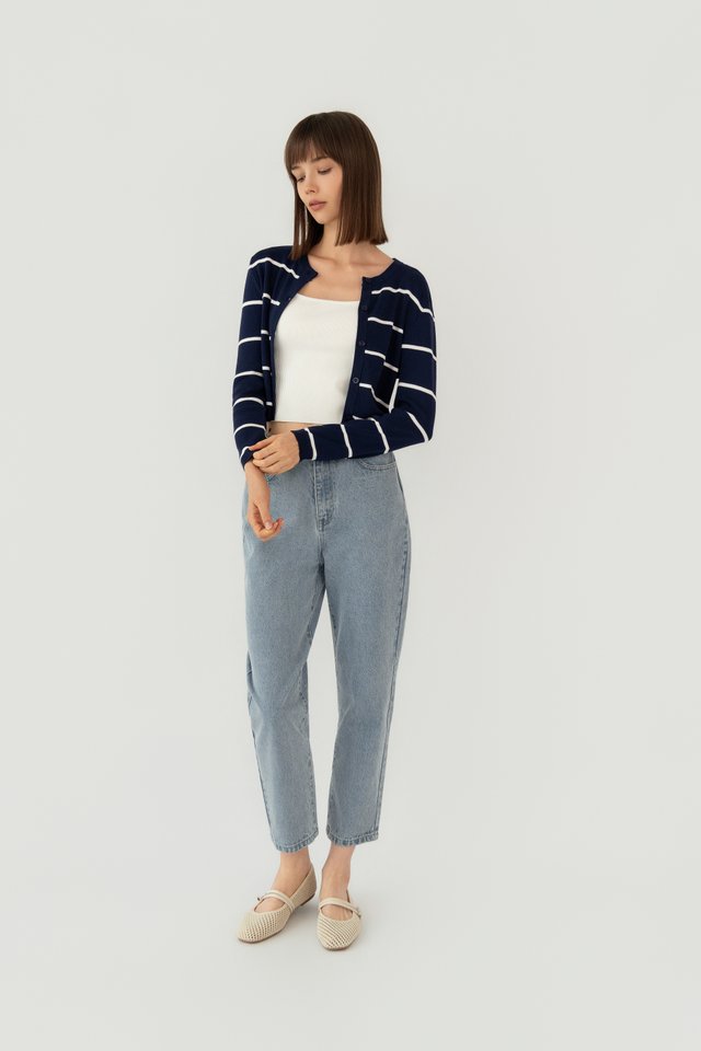 ROUND NECK BUTTON CARDIGAN NAVY STRIPES