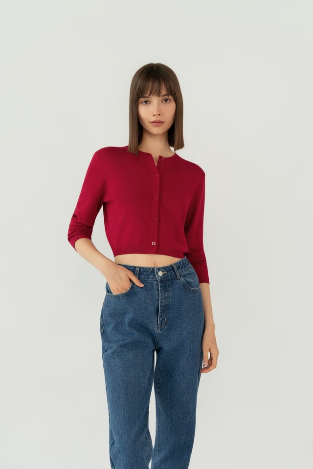 ROUND NECK BUTTON CARDIGAN RED