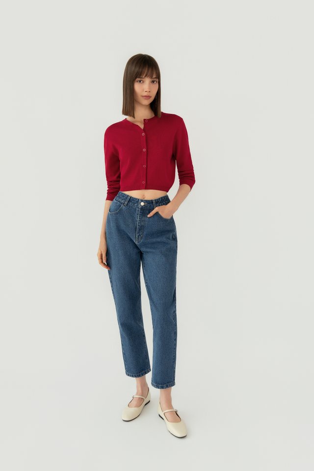 ROUND NECK BUTTON CARDIGAN RED
