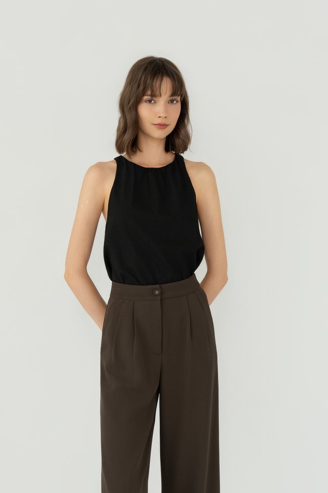 RUCHED LINEN TOP BLACK