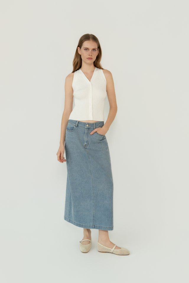 DENIM COLUMN SKIRT MIDWASH