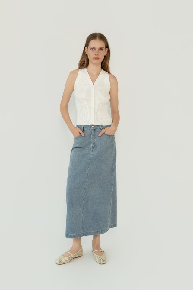DENIM COLUMN SKIRT MIDWASH