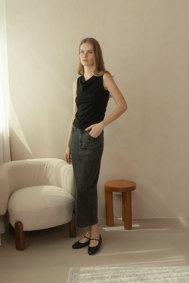 DENIM COLUMN SKIRT WASHED BLACK