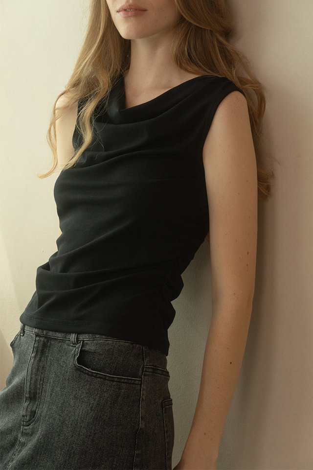 DRAPED NECK TOP BLACK