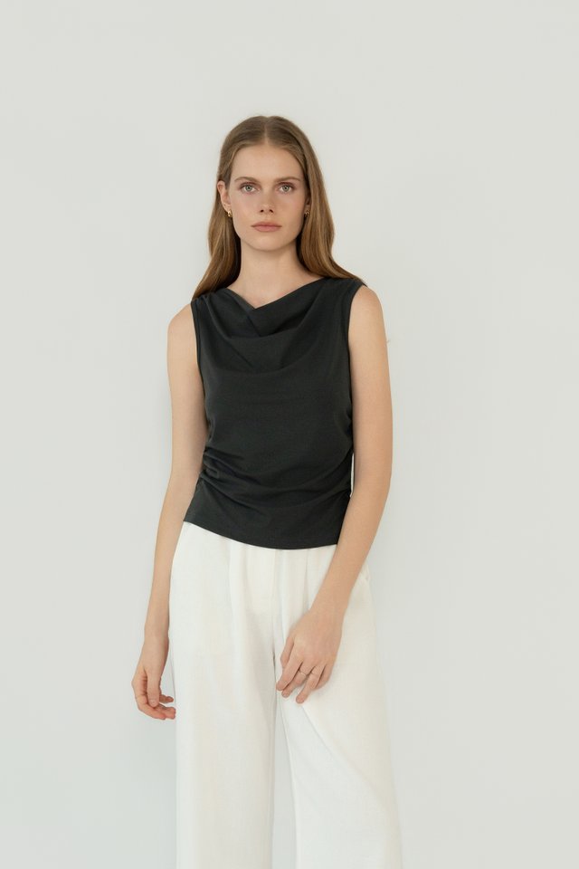 DRAPED NECK TOP GUNMETAL