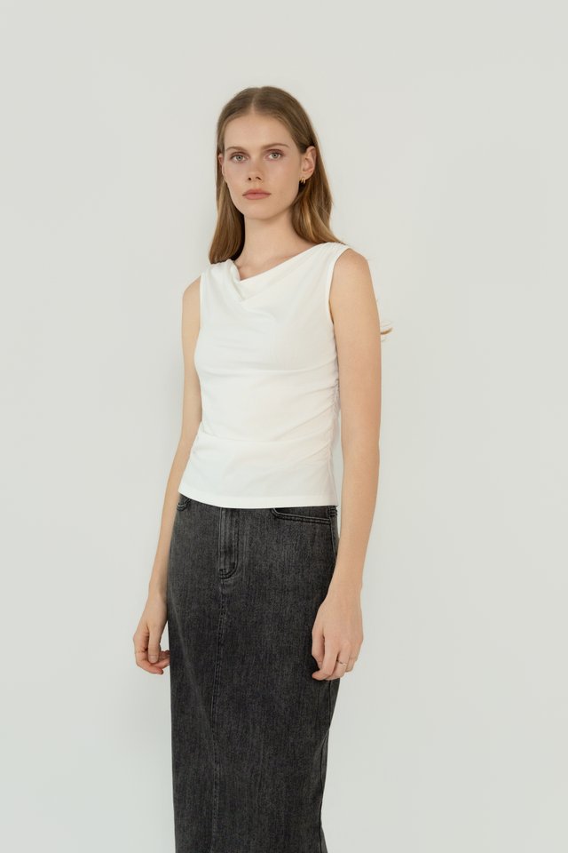 DRAPED NECK TOP WHITE