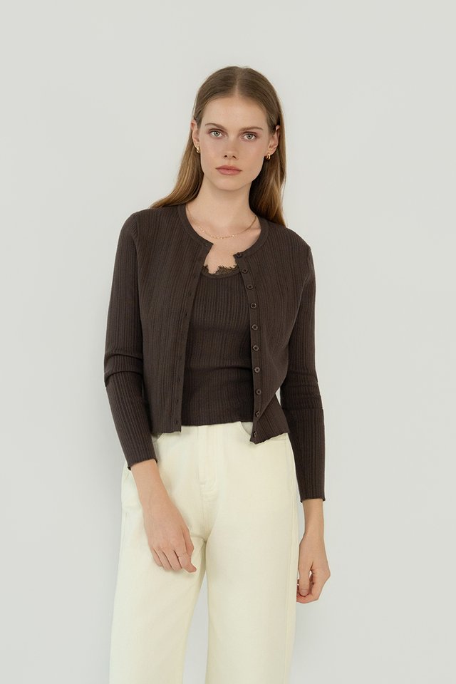 RIBBED KNIT CARDIGAN CHOCOLATE