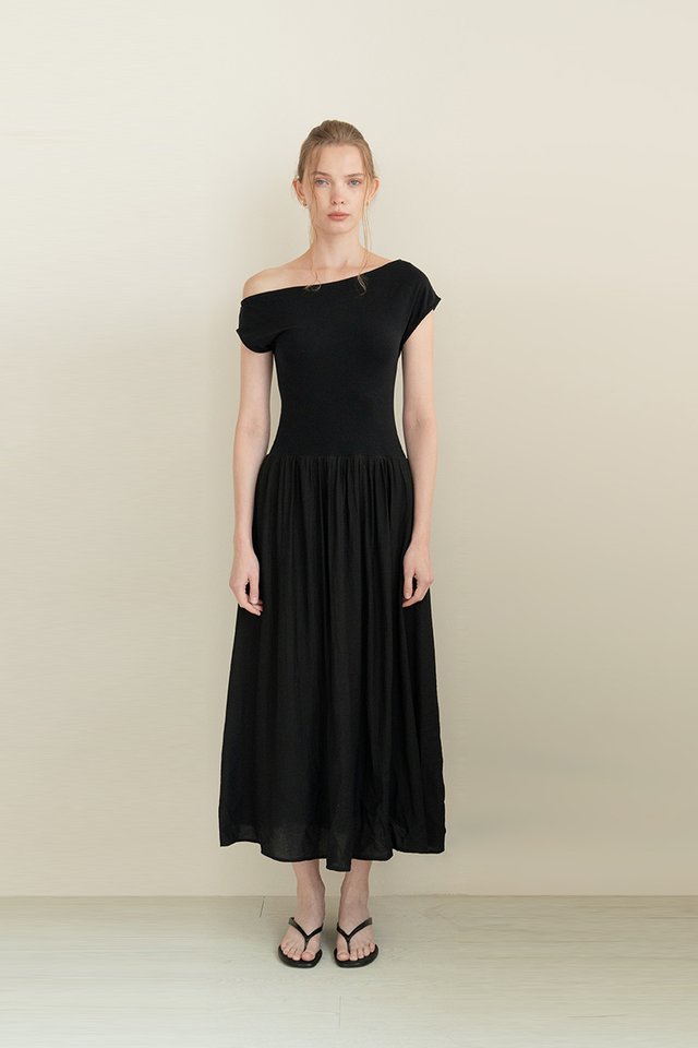 ASYMMETRIC OFF-SHOULDER DRESS BLACK