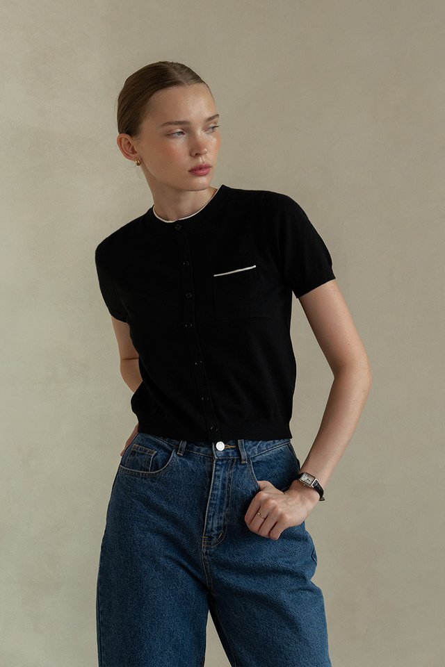 CONTRAST TRIM KNIT TOP BLACK