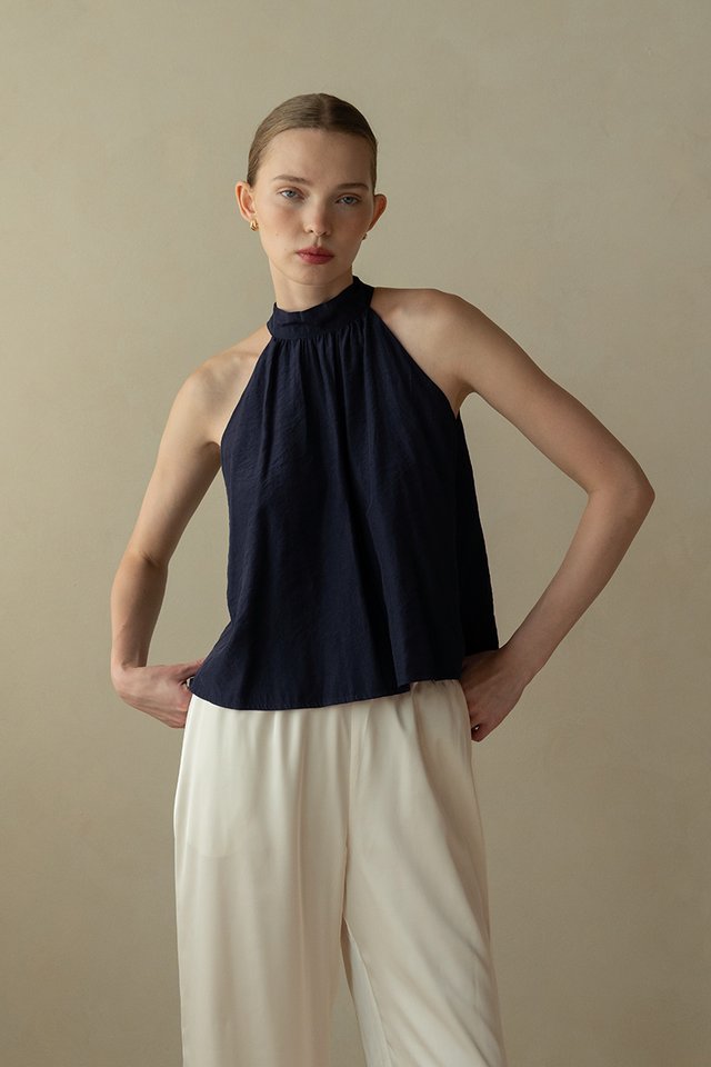 FLOWY SCARF TOP NAVY