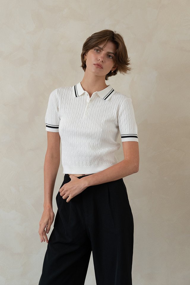 MORGAN KNIT POLO TOP WHITE