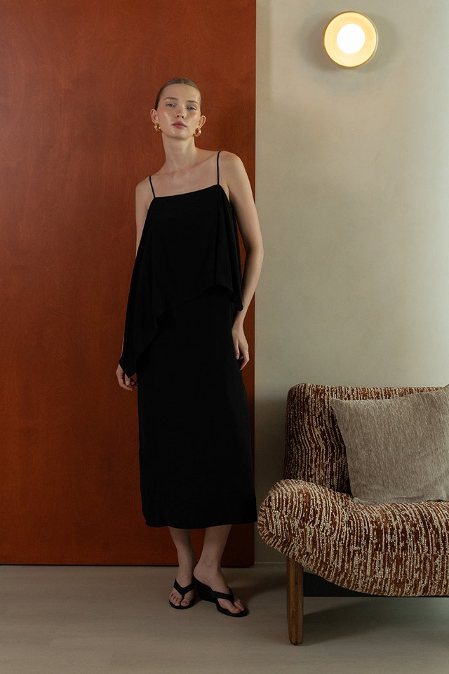 SIDE DRAPE STRAPPY DRESS BLACK