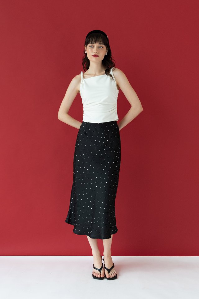BIAS CUT MIDI SKIRT BLACK POLKA