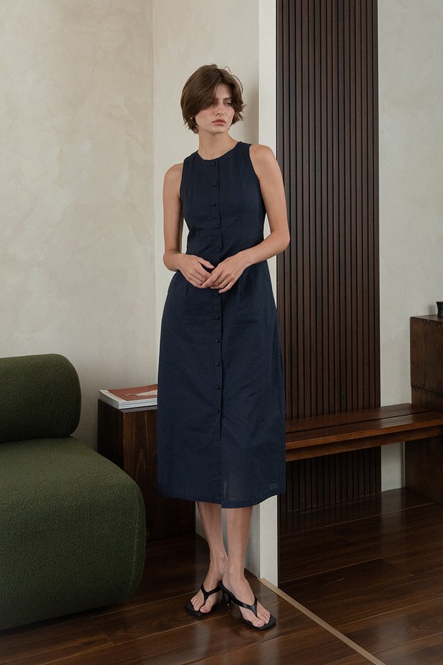 BUTTONDOWN LINEN DRESS NAVY