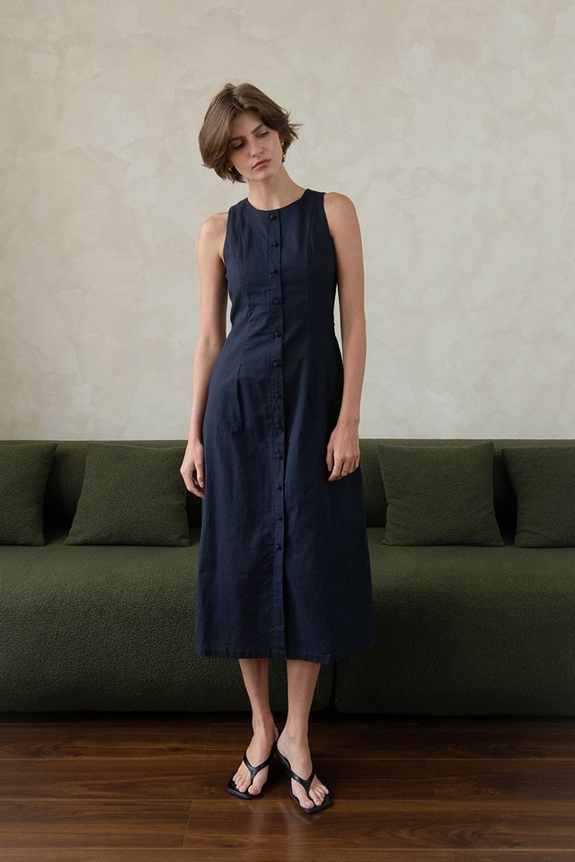 BUTTONDOWN LINEN DRESS NAVY
