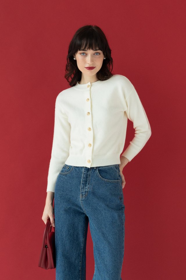 GOLD BUTTON KNIT CARDIGAN CREAM