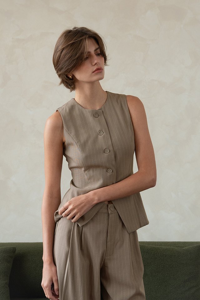 PINSTRIPE VEST TOP TAUPE
